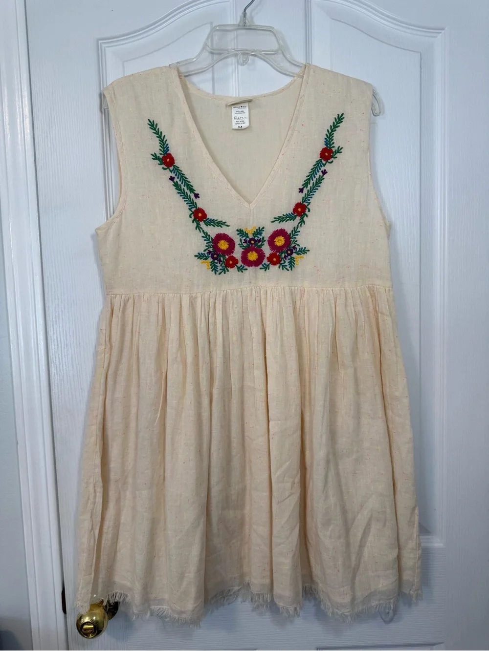 NATURAL LIFE Cream Sleeveless Dress with Bright Floral Embroidery 100% Cotton